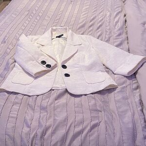 Dialogue Textured White Blazer with Black Buttons